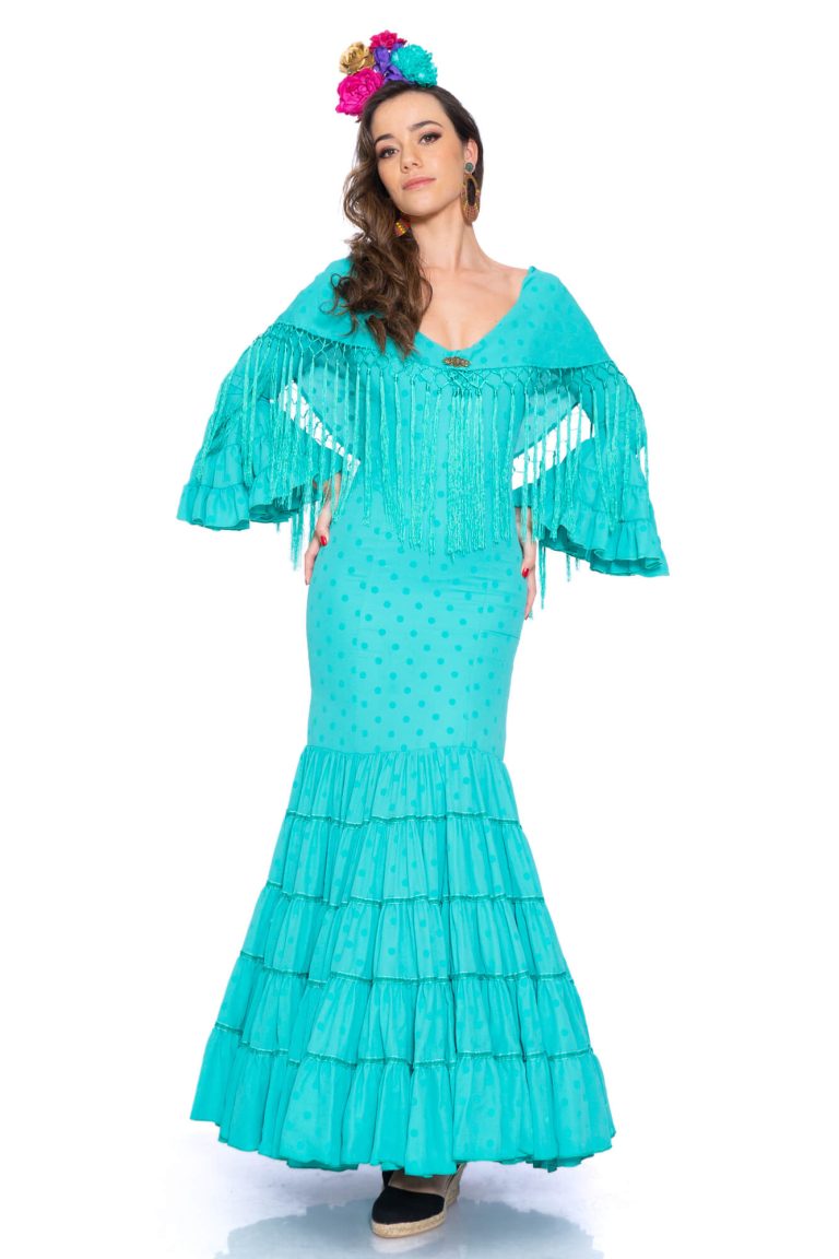 Traje flamenca mujer azul petróleo. Color de moda 2024.