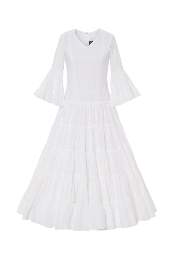 Vestido de flamenca blanco para niña con escote en pico y falda de volantes para feria